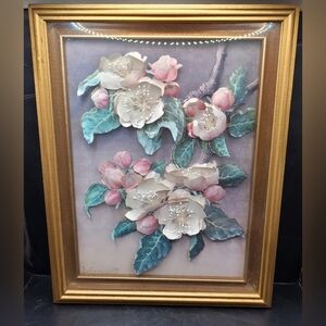 Vintage 3D Layered Paper Art Framed Picture Shadowbox Flowers Encased Origami